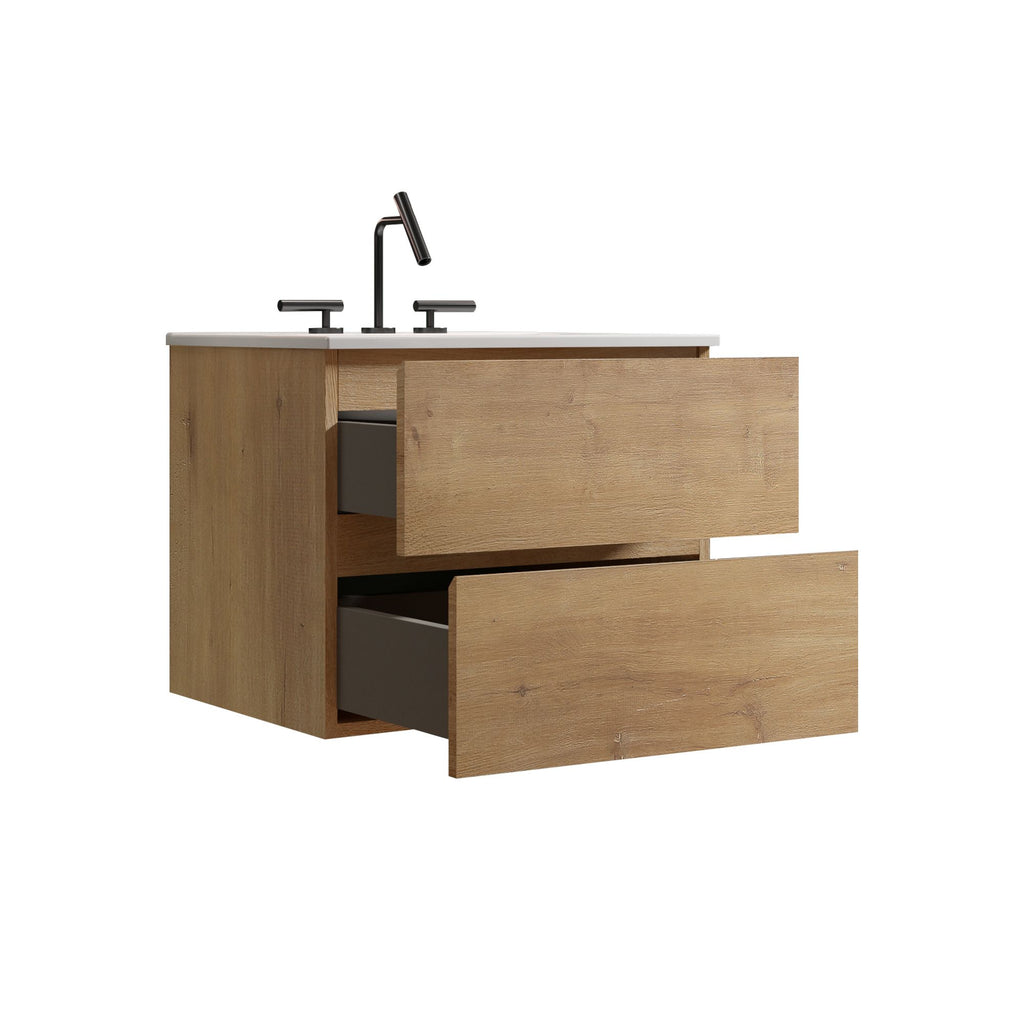 24- Natural Oak Bathroom Vanity with Ceramic Sink and Soft-Closing Drawers