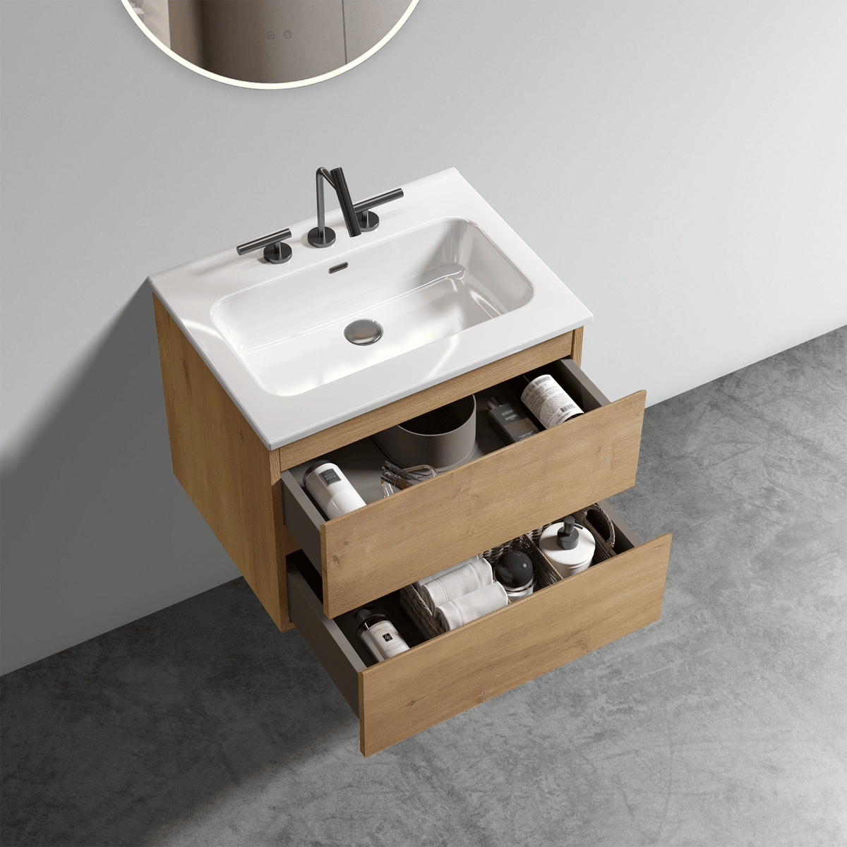 24- Natural Oak Bathroom Vanity with Ceramic Sink and Soft-Closing Drawers
