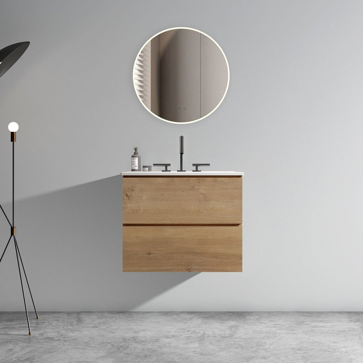 24- Natural Oak Bathroom Vanity with Ceramic Sink and Soft-Closing Drawers