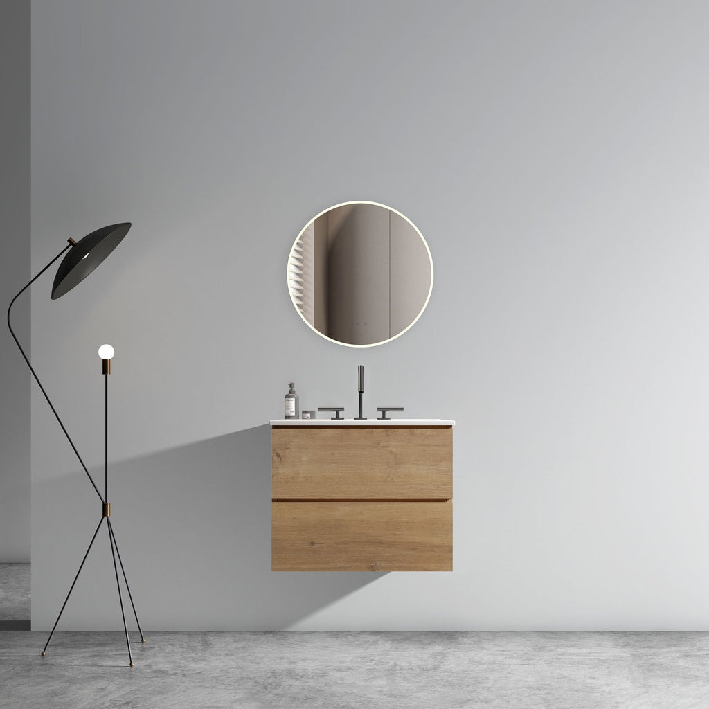 24- Natural Oak Bathroom Vanity with Ceramic Sink and Soft-Closing Drawers