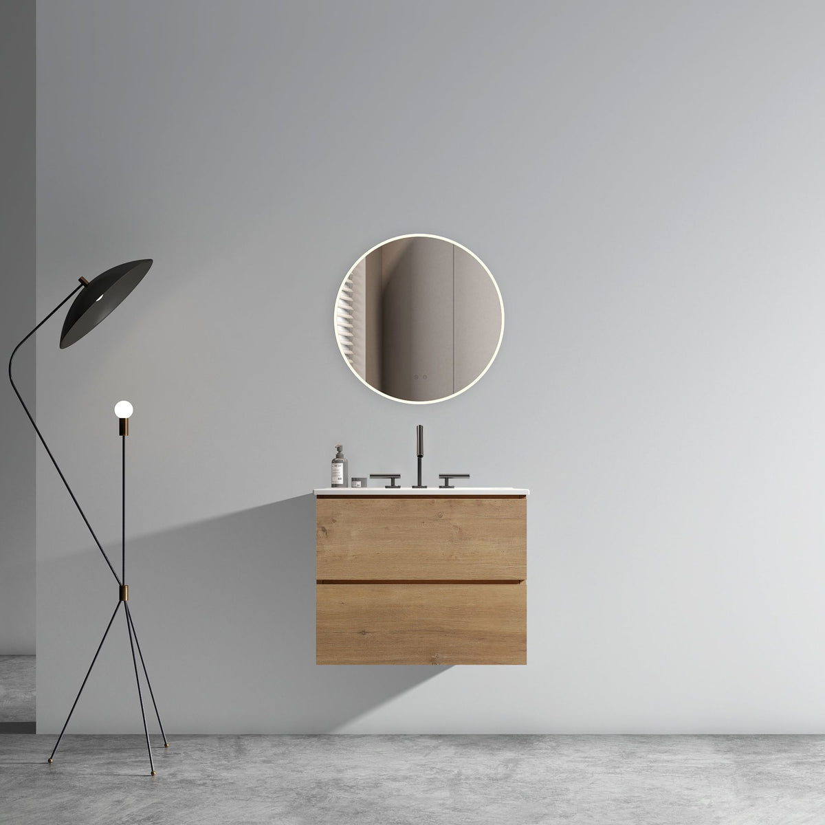 24- Natural Oak Bathroom Vanity with Ceramic Sink and Soft-Closing Drawers