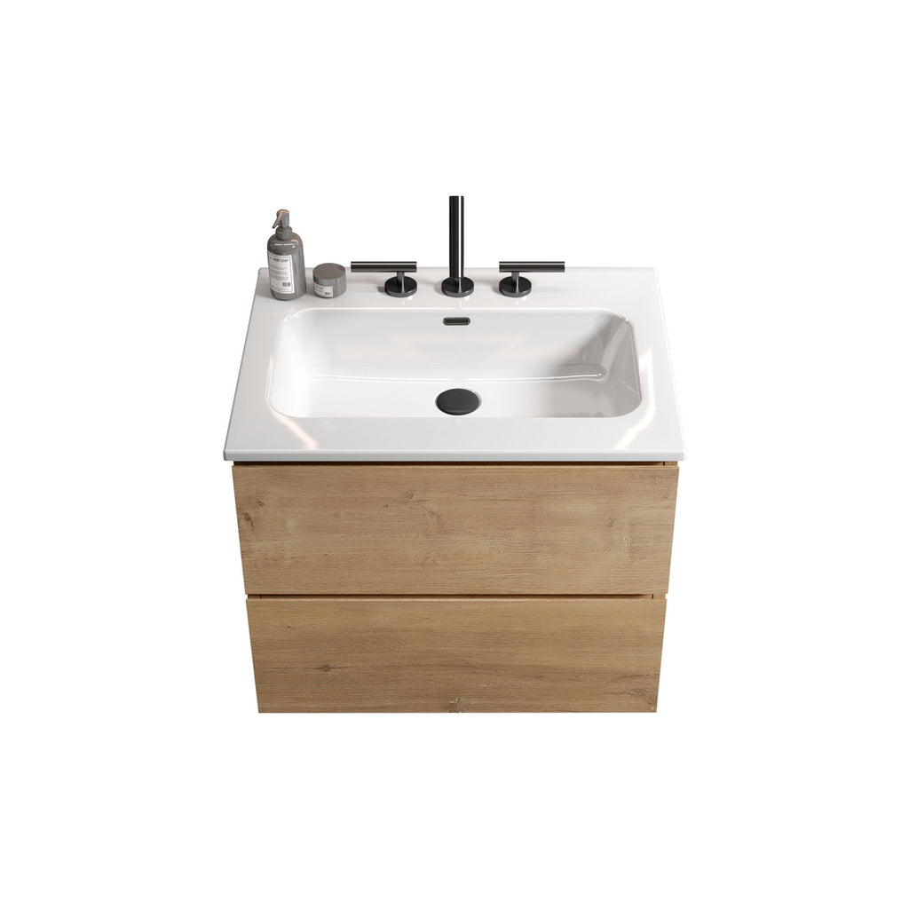 24- Natural Oak Bathroom Vanity with Ceramic Sink and Soft-Closing Drawers