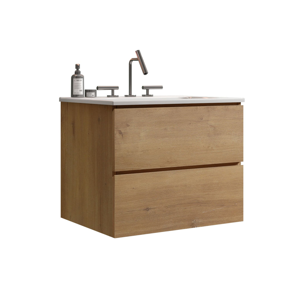 24- Natural Oak Bathroom Vanity with Ceramic Sink and Soft-Closing Drawers