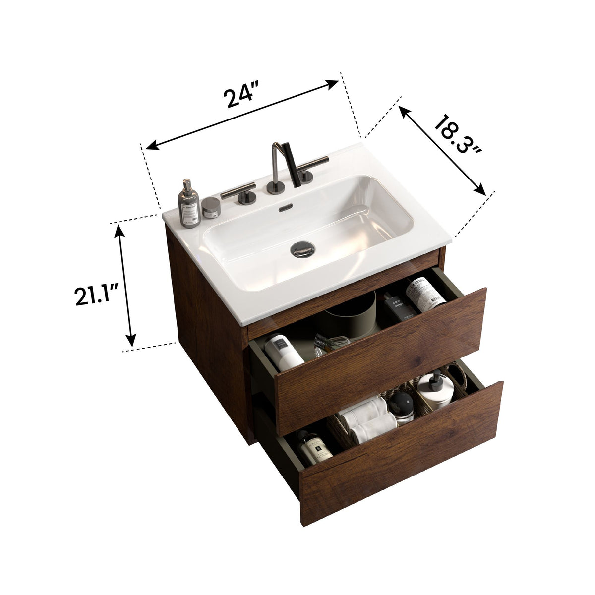 Walnut Floating Bathroom Vanity with One-Piece Sink