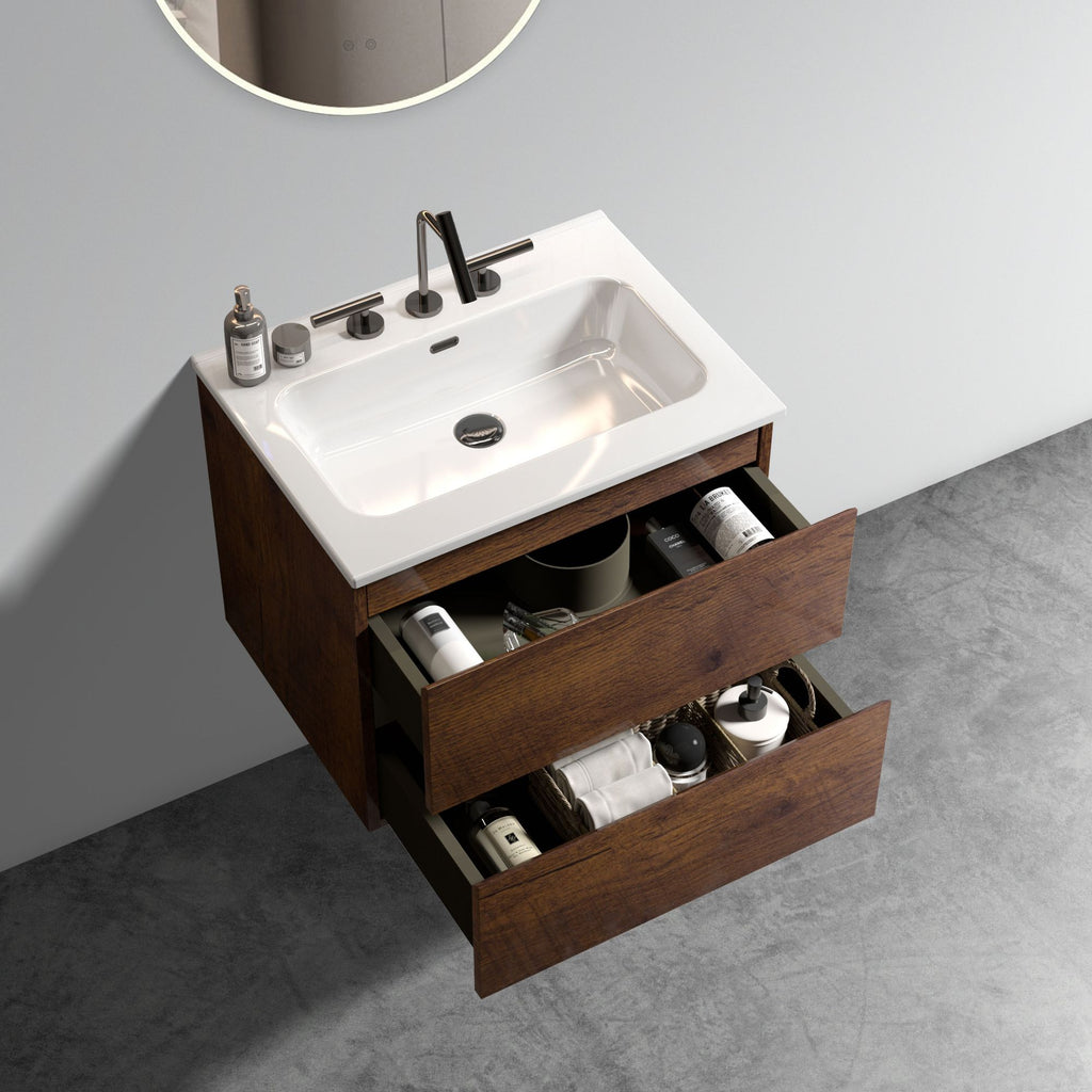 Walnut Floating Bathroom Vanity with One-Piece Sink