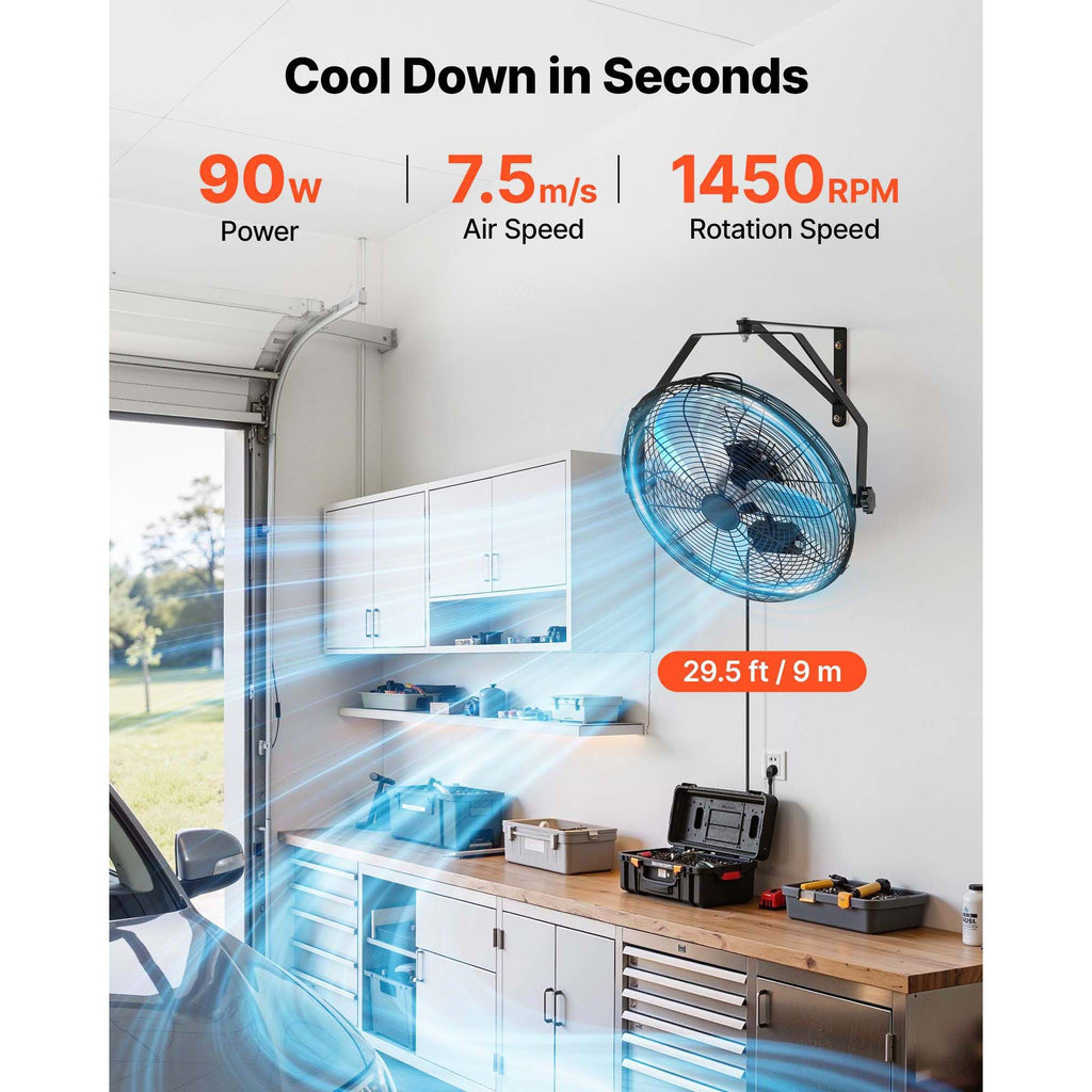 18- Wall Mount Fan with IP44 Protection, 3 Speeds, Adjustable Angle