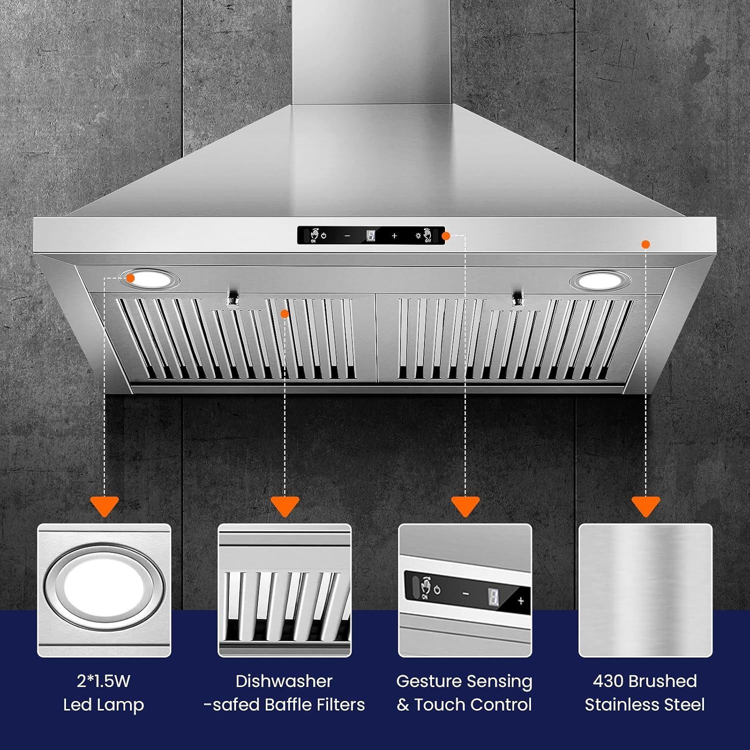 700 CFM Wall Mount Range Hood with Gesture and Touch Control