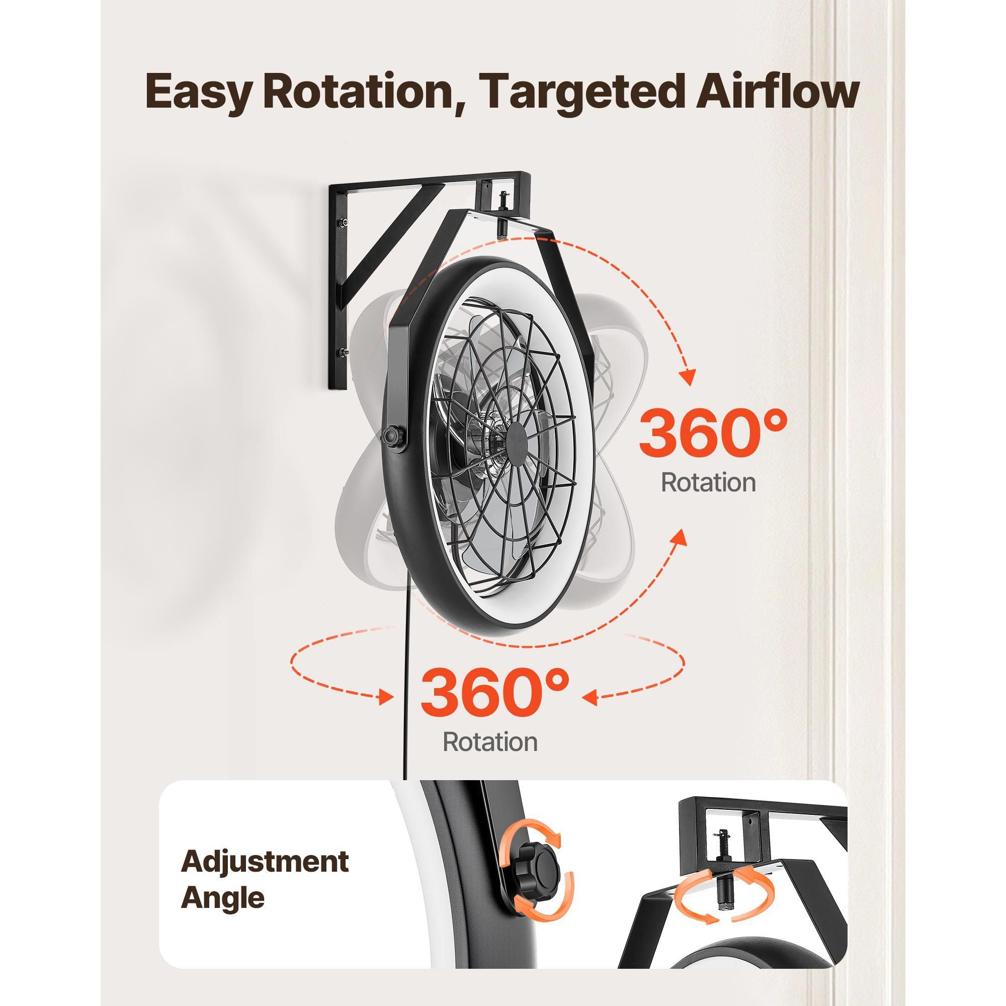 22 Wall Mount Fan with Lights and Remote – Reversible, Dimmable, 360° Tilt