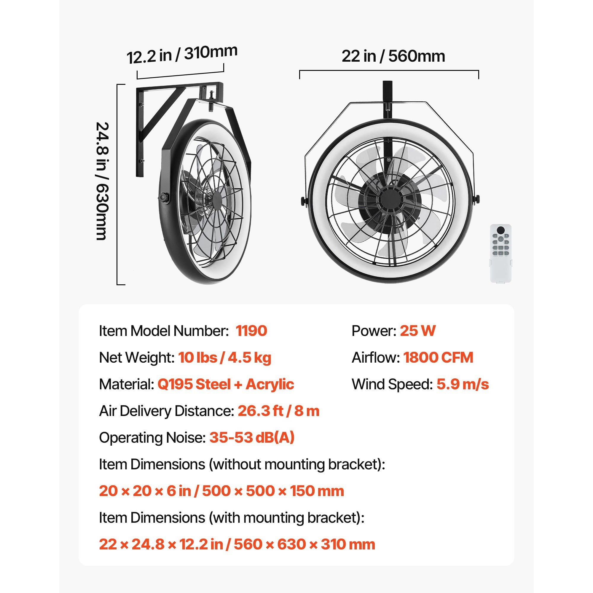 22 Wall Mount Fan with Lights and Remote – Reversible, Dimmable, 360° Tilt
