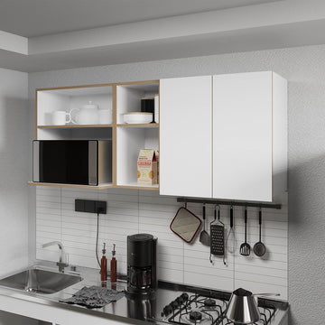 Wall-Mounted Kitchen Cabinet with Microwave Space, Open Shelves, and Double Doors –