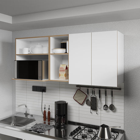 Wall-Mounted Kitchen Cabinet with Microwave Space, Open Shelves, and Double Doors –