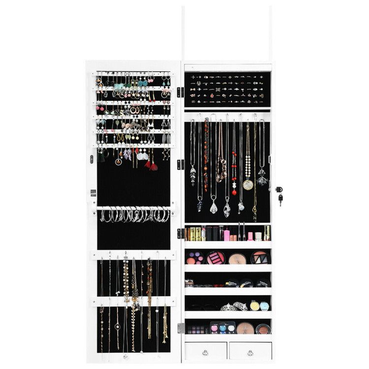 Door-Mounted Mirrored Jewelry Cabinet With a Lock and Light