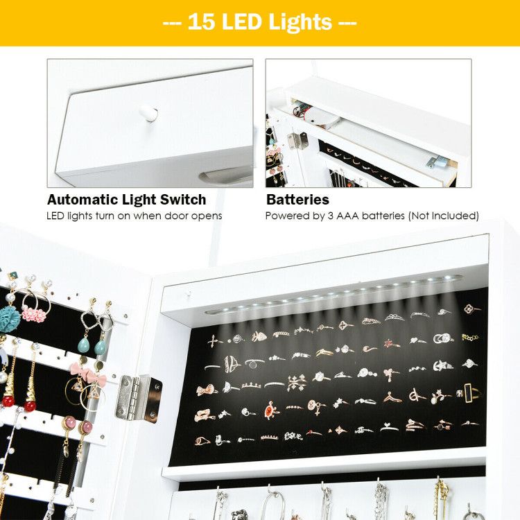Door-Mounted Mirrored Jewelry Cabinet With a Lock and Light