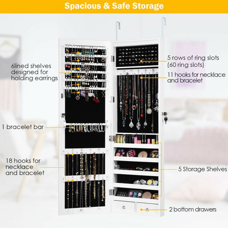 Door-Mounted Mirrored Jewelry Cabinet With a Lock and Light