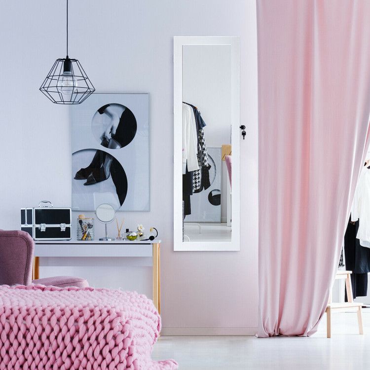 Door-Mounted Mirrored Jewelry Cabinet With a Lock and Light