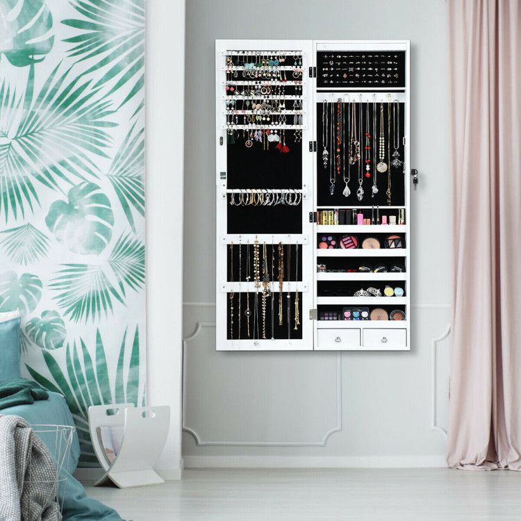 Door-Mounted Mirrored Jewelry Cabinet With a Lock and Light