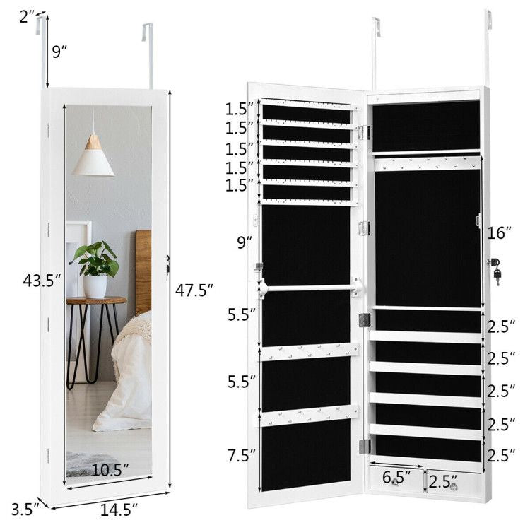 Door-Mounted Mirrored Jewelry Cabinet With a Lock and Light
