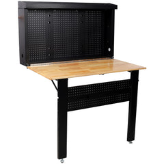 Wall Mounted Foldable Workbench with Rubberwood Surface and Pegboard