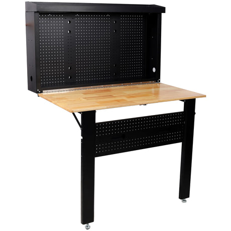 Wall Mounted Foldable Workbench with Rubberwood Surface and Pegboard
