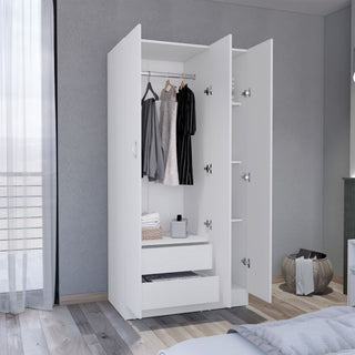 Wardrobe Armoire 71H" with 3-Doors and 2-Inner Drawers, 3 Doors, White