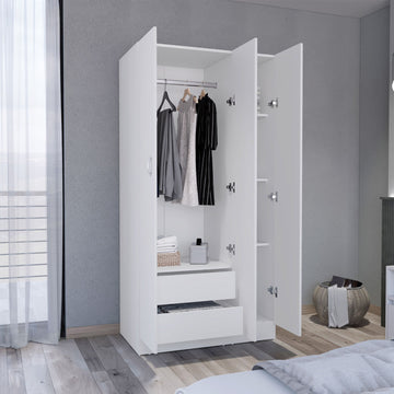 Wardrobe Armoire 71H" with 3-Doors and 2-Inner Drawers, 3 Doors, White