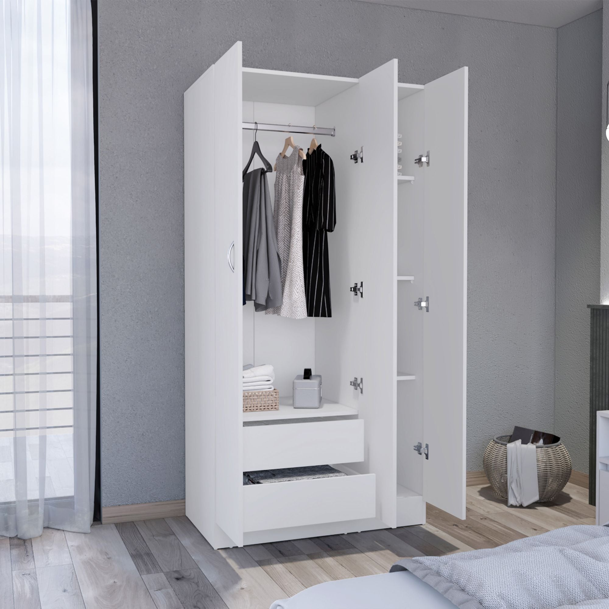 Wardrobe Armoire 71H" with 3-Doors and 2-Inner Drawers, 3 Doors, White