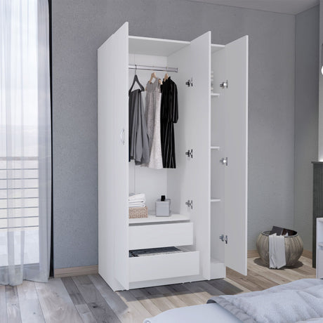 Wardrobe Armoire 71H" with 3-Doors and 2-Inner Drawers, 3 Doors, White