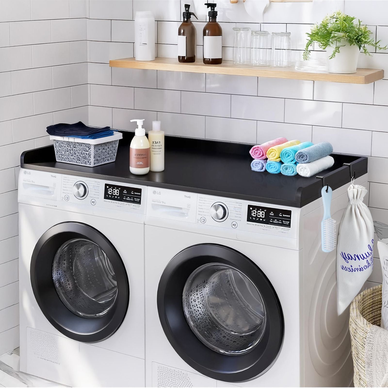 Laundry Countertop with Side Hooks and Spacious Workspace