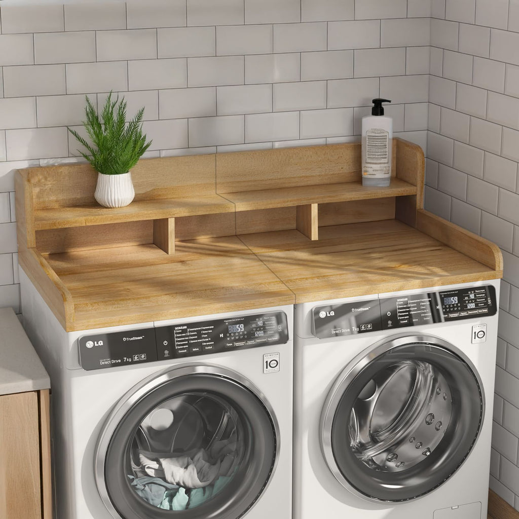 Spacious Laundry Countertop for Washer and Dryer – Natural Wood Shelf Topper