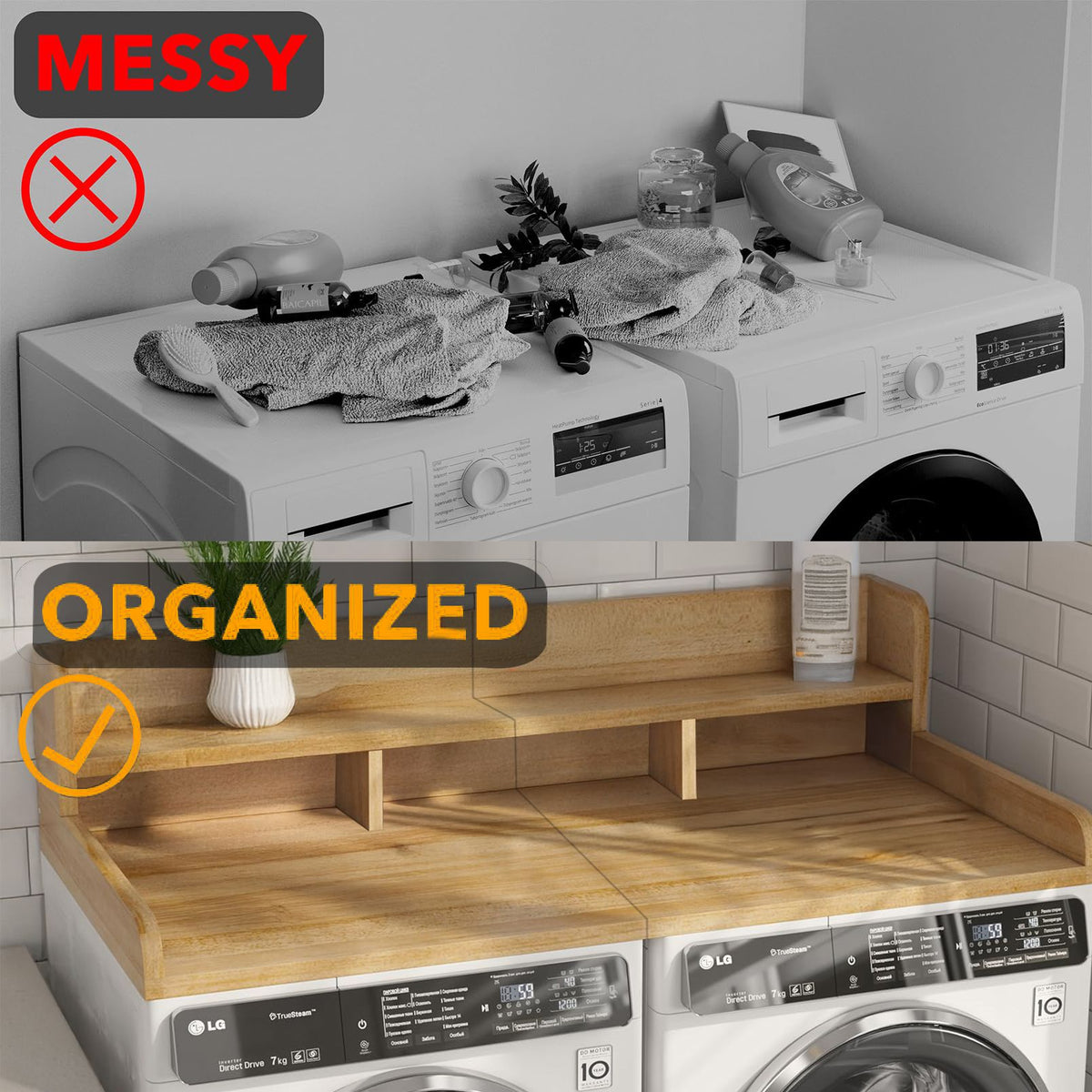 Spacious Laundry Countertop for Washer and Dryer – Natural Wood Shelf Topper