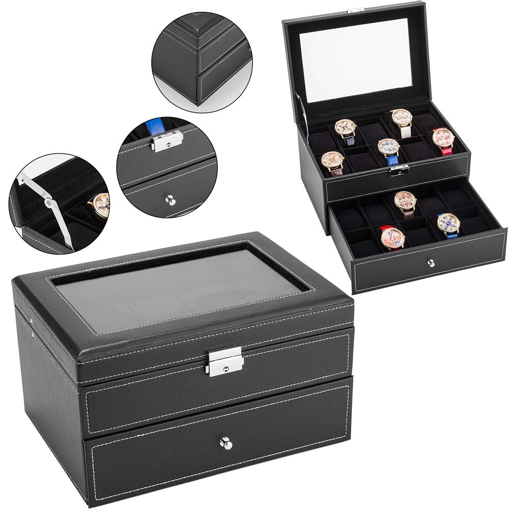 Lockable Watch Box with Glass Top – 20-Slot Display Organizer