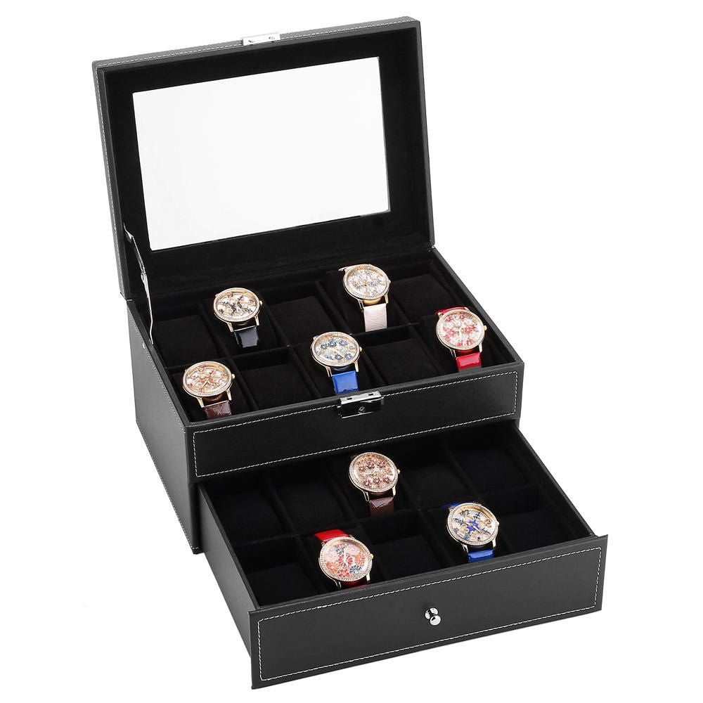 Lockable Watch Box with Glass Top – 20-Slot Display Organizer