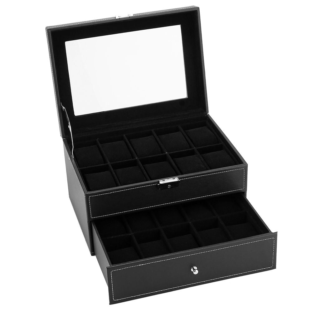 Lockable Watch Box with Glass Top – 20-Slot Display Organizer