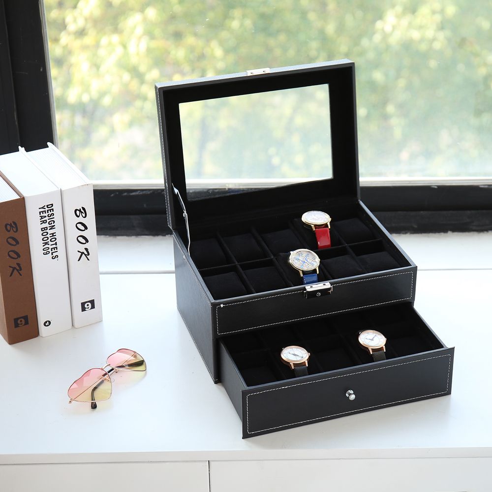 Lockable Watch Box with Glass Top – 20-Slot Display Organizer