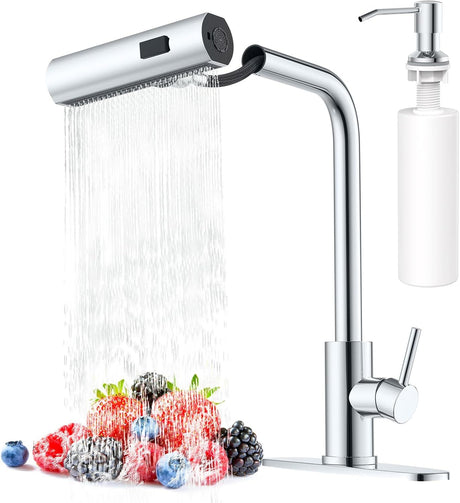 Waterfall Kitchen Faucet with Pull-Down Sprayer & Soap Dispenser, Brushed Nickel