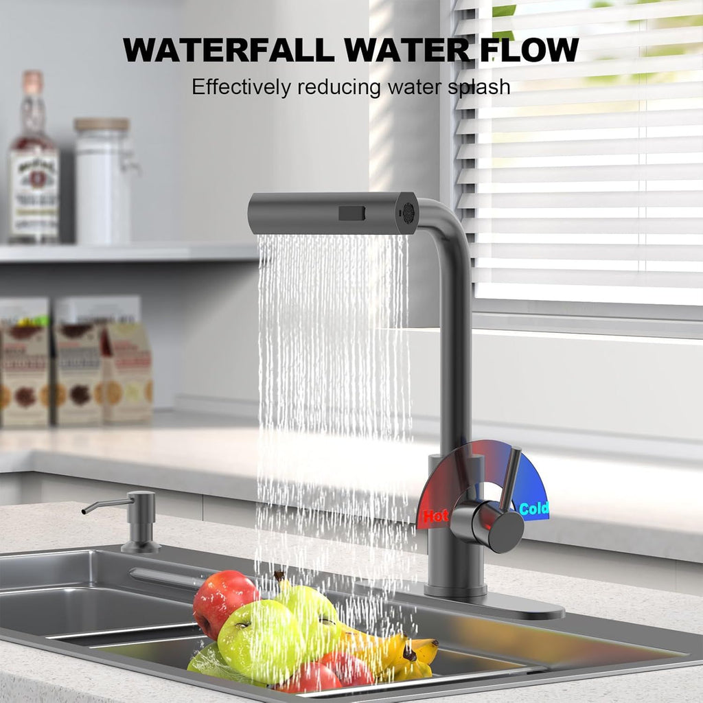 Gray Waterfall Kitchen Faucet with Pull-Down Sprayer and Soap Dispenser
