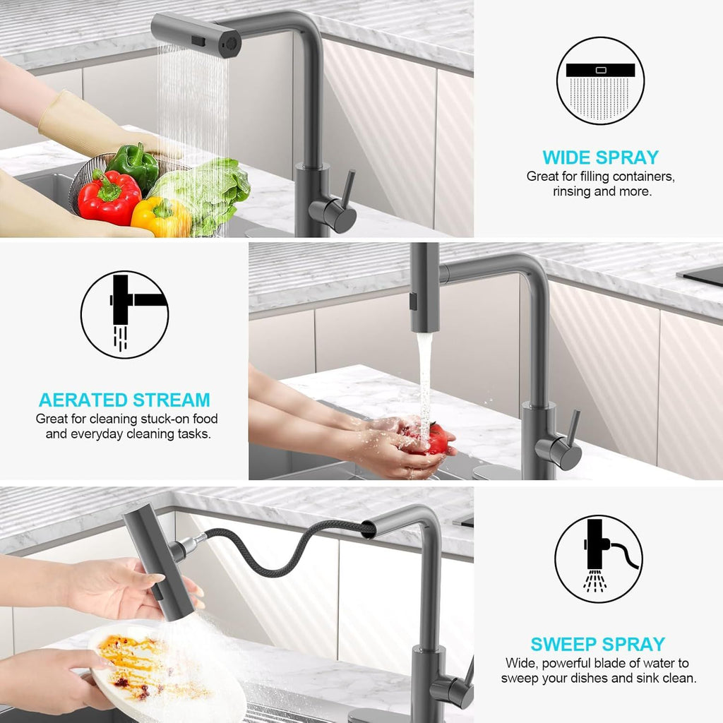 Gray Waterfall Kitchen Faucet with Pull-Down Sprayer and Soap Dispenser