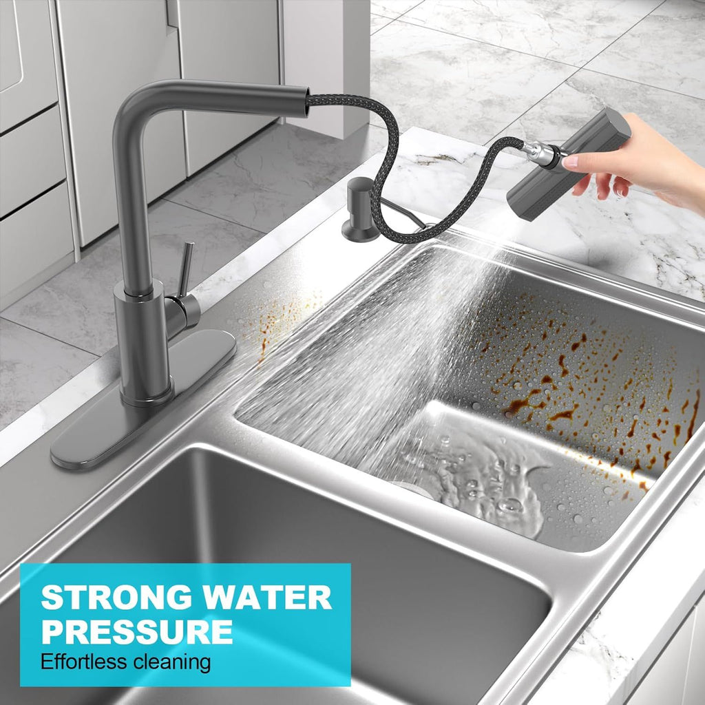 Gray Waterfall Kitchen Faucet with Pull-Down Sprayer and Soap Dispenser
