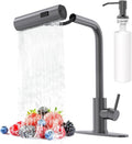 Gray Waterfall Kitchen Faucet with Pull-Down Sprayer and Soap Dispenser