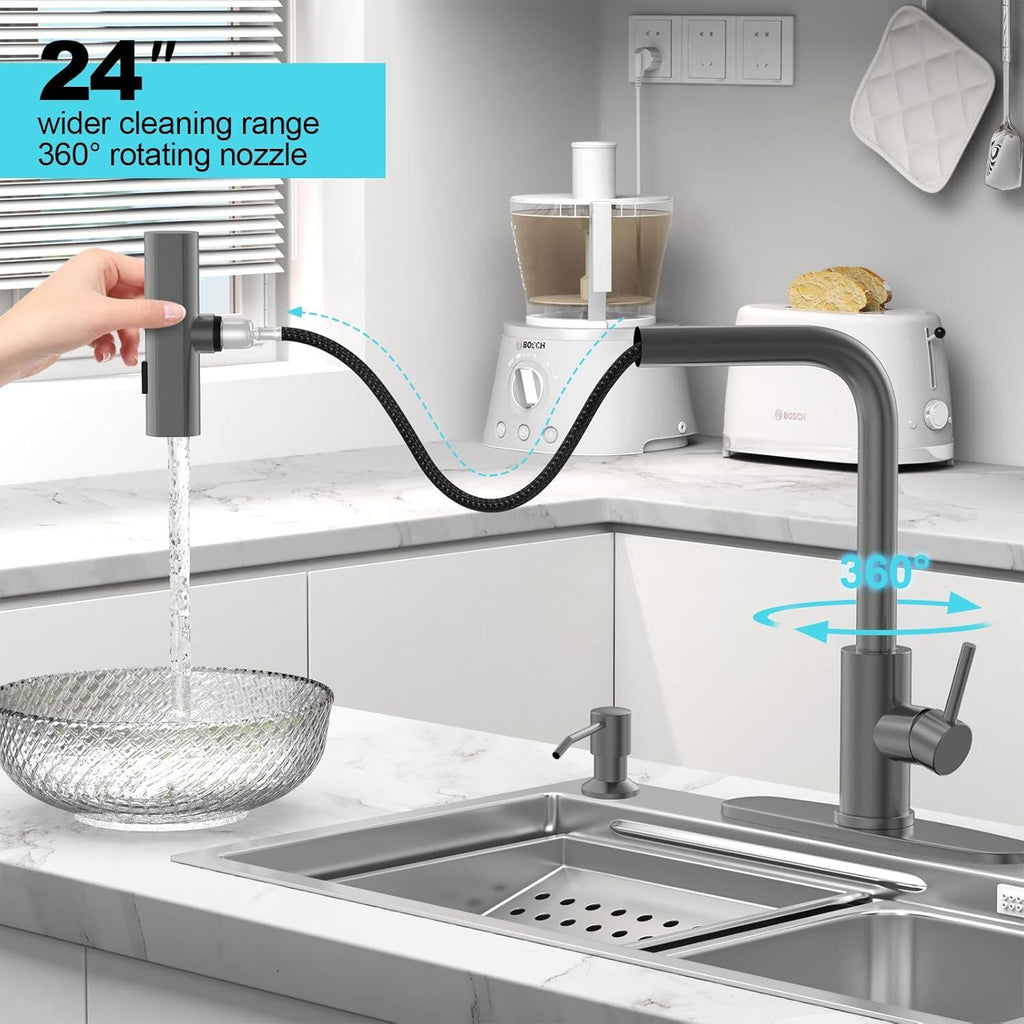 Gray Waterfall Kitchen Faucet with Pull-Down Sprayer and Soap Dispenser