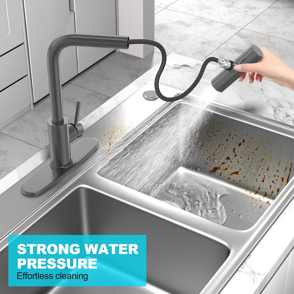 Gray Waterfall Kitchen Faucet with Pull-Down Sprayer and Soap Dispenser