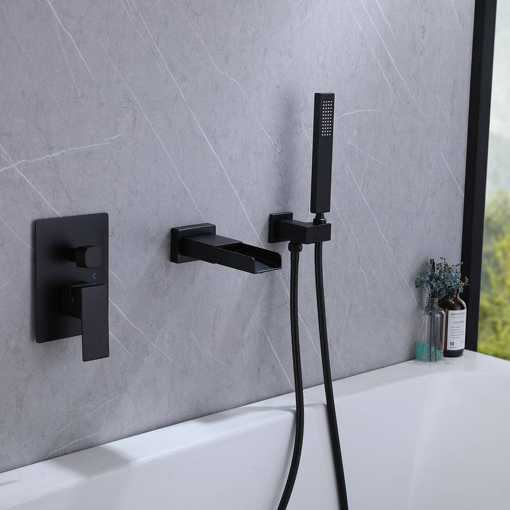 Matte Black Wall-Mount Waterfall Faucet with Two Sprayers