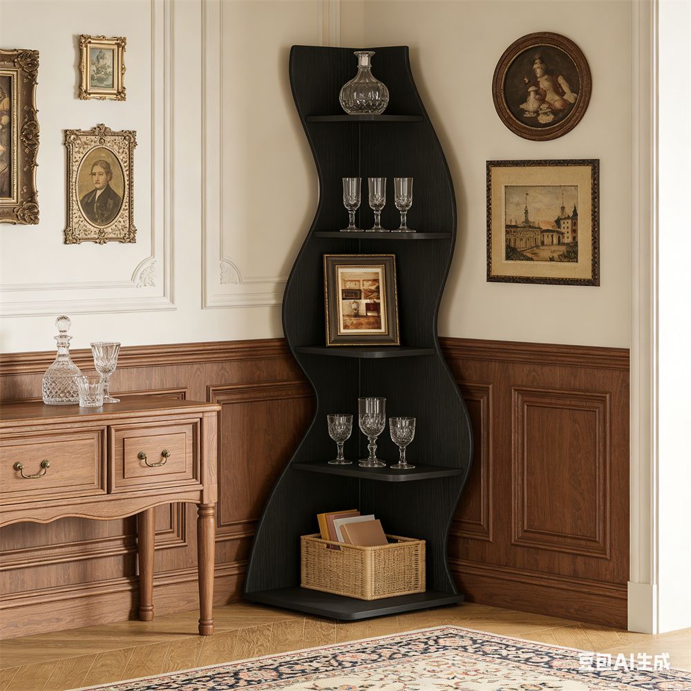 Wave shaped corner shelves, modern corner bookshelves, bookcases, display stands, and plant racks ar