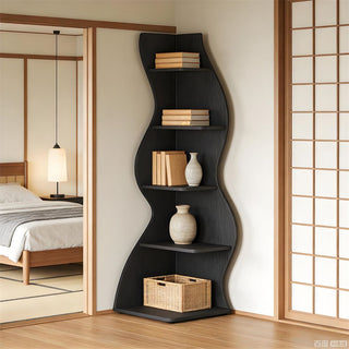 Wave shaped corner shelves, modern corner bookshelves, bookcases, display stands, and plant racks ar