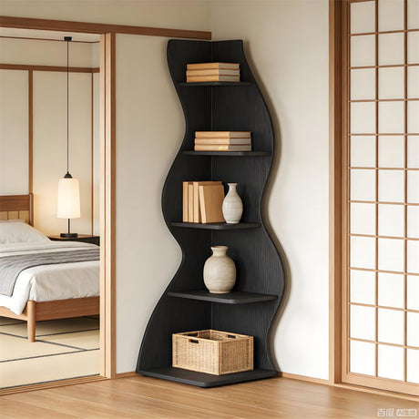 Wave shaped corner shelves, modern corner bookshelves, bookcases, display stands, and plant racks ar