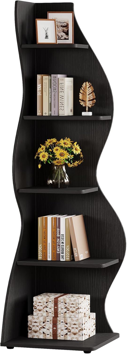 Wave shaped corner shelves, modern corner bookshelves, bookcases, display stands, and plant racks ar