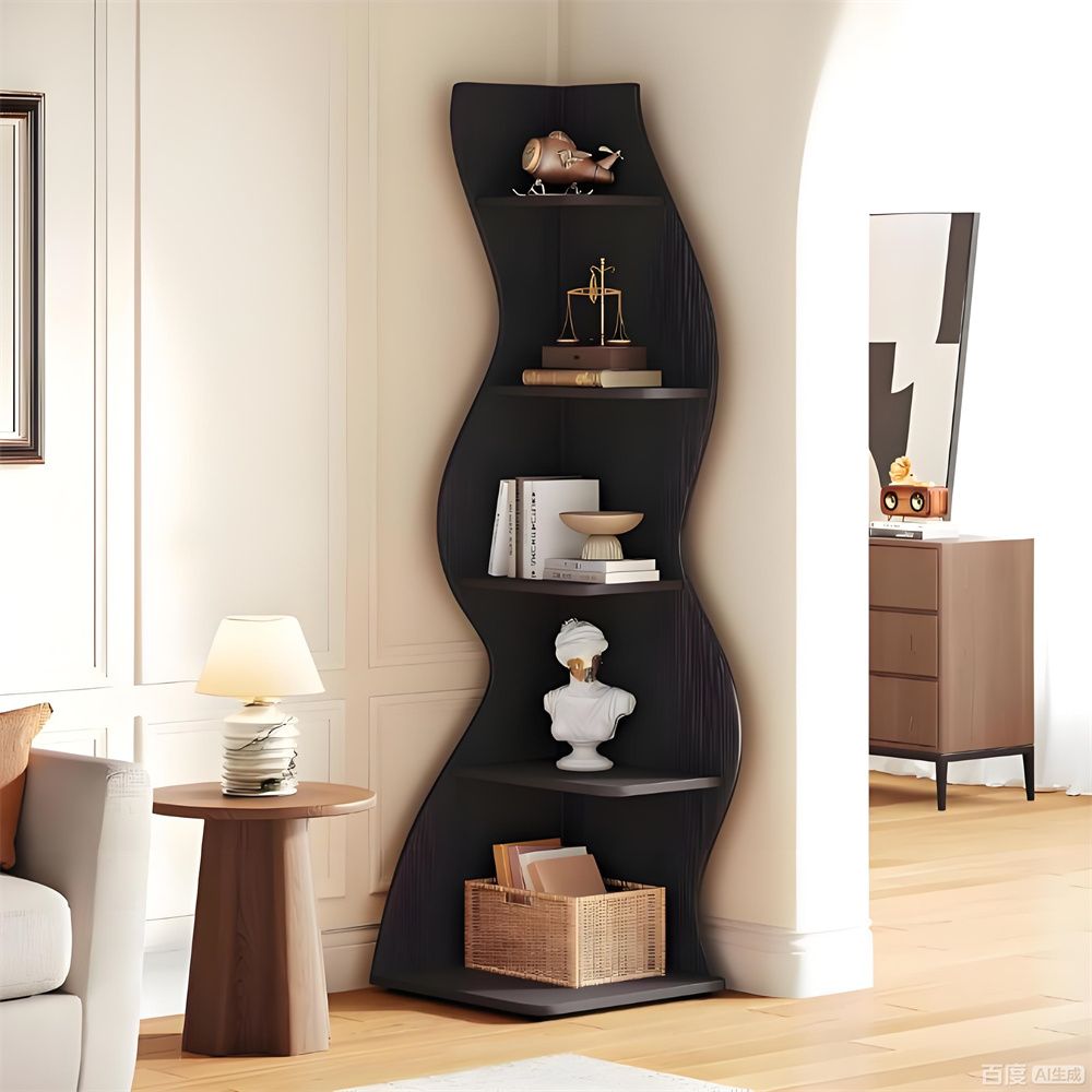 Wave shaped corner shelves, modern corner bookshelves, bookcases, display stands, and plant racks ar