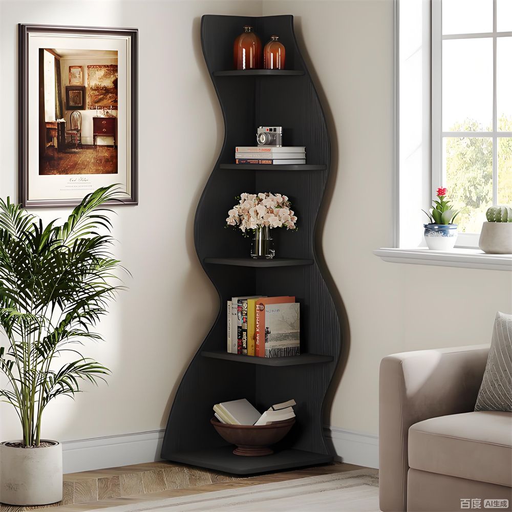 Wave shaped corner shelves, modern corner bookshelves, bookcases, display stands, and plant racks ar