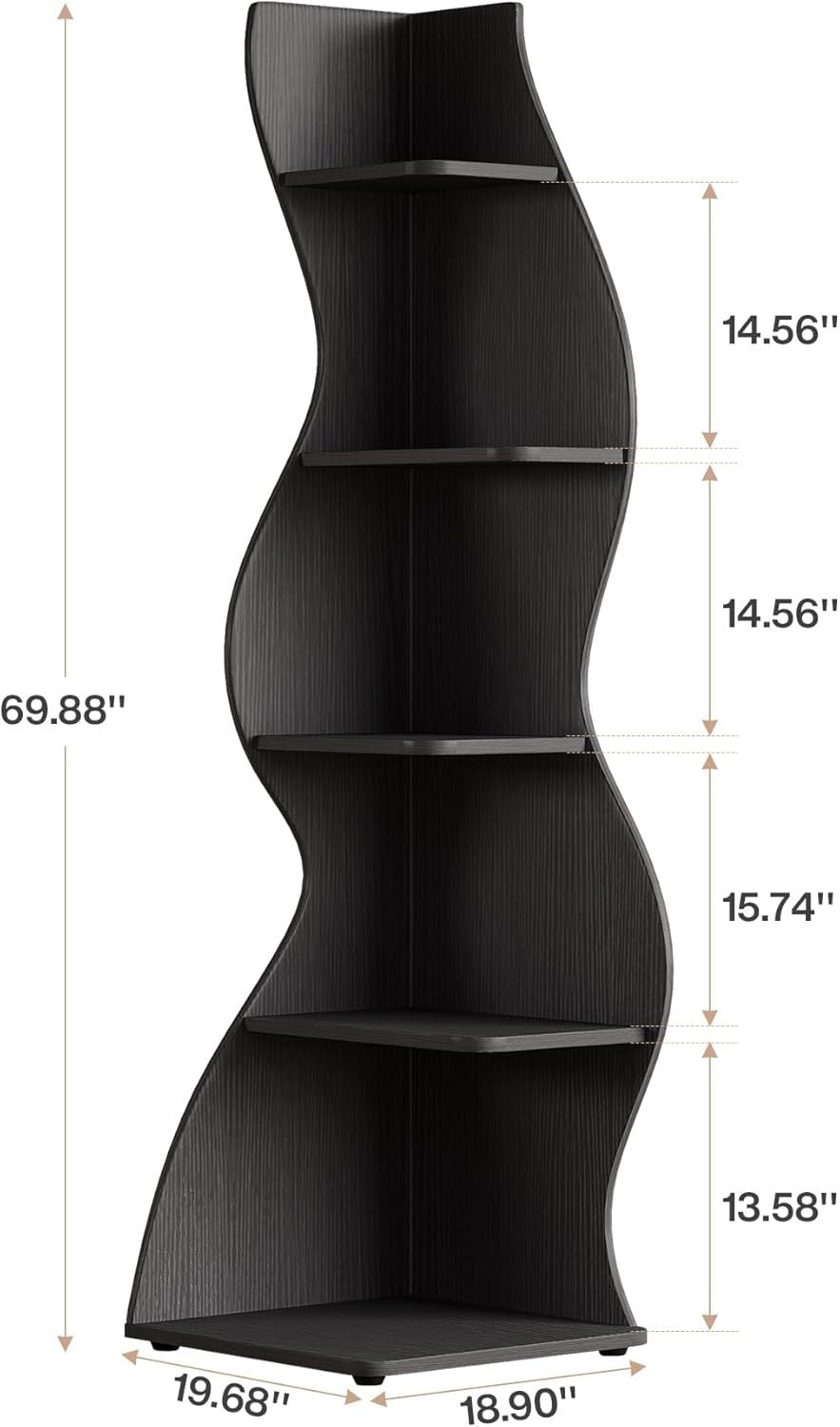 Wave shaped corner shelves, modern corner bookshelves, bookcases, display stands, and plant racks ar