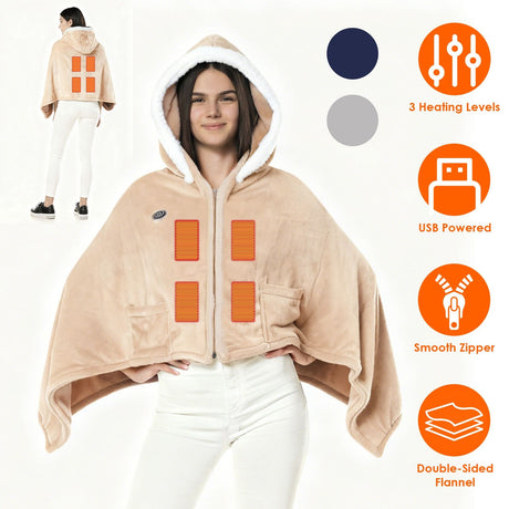 Wearable Heated Throw Blanket – Cozy Flannel Hoodie with 8 Heating Panels & 3 Temperature Levels